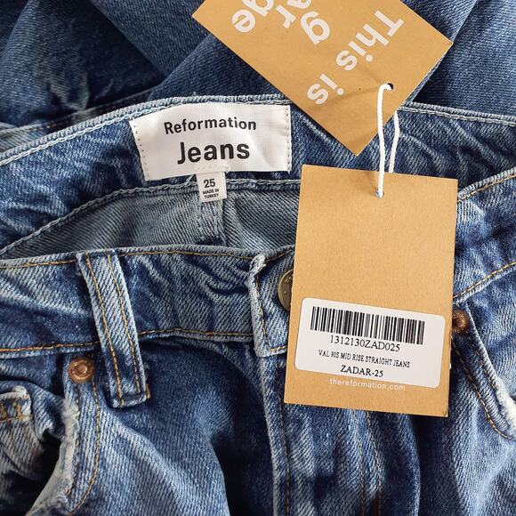 Reformation 'Val' Blue Cotton 90S Mid Rise Straight Jeans Size 25 - NWT - Picture 5 of 6